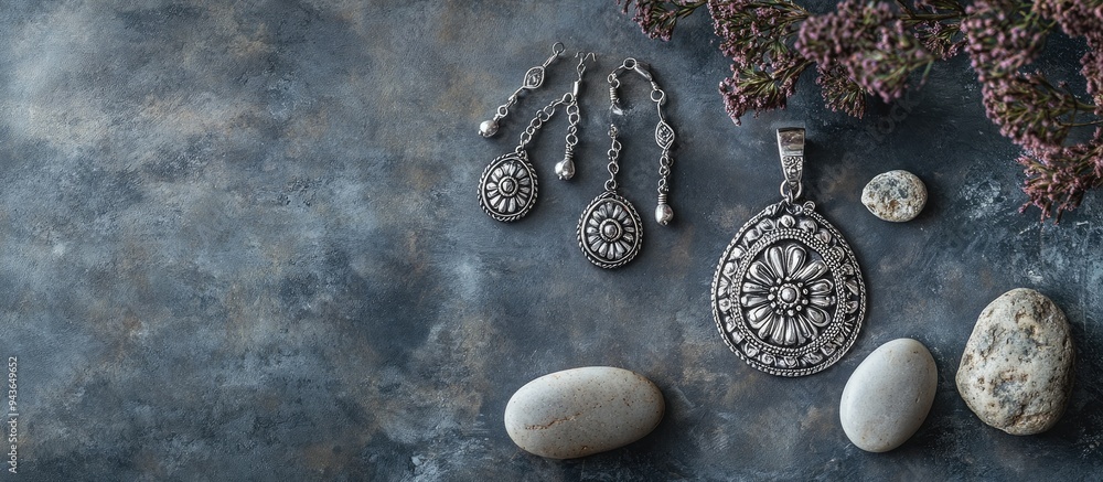 Aufkleber Bohemian style silver jewelry set and pebble against a vintage grey background Top view. with copy space image. Place for adding text or design