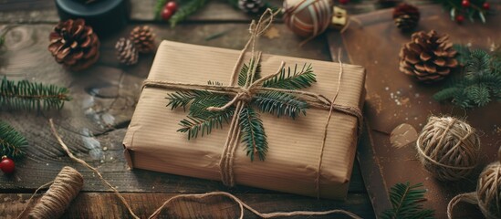Wrapped holiday or Christmas handmade gift in craft paper with a colored ribbon Gift box decoration on the table top view with copy space