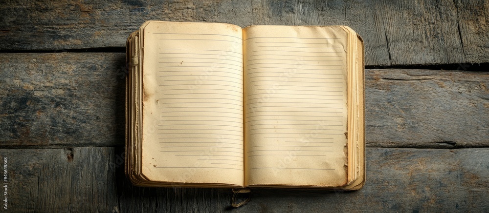 Poster Open notebook on a wooden table precise retro lined old paper with dark edges and vintage hues top view of the desk. with copy space image. Place for adding text or design