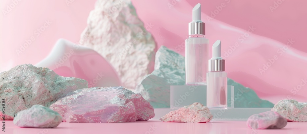 Poster glass bottles on stones against a pastel background cosmetic container mockup with space for text th