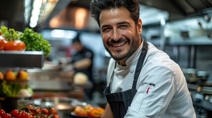 Fototapeta premium A smiling chef stands in front of a counter full of vegetables