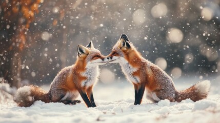 Fototapeta premium Foxes playing in the snow during a winter holiday, their fur dusted with soft snowflakes.