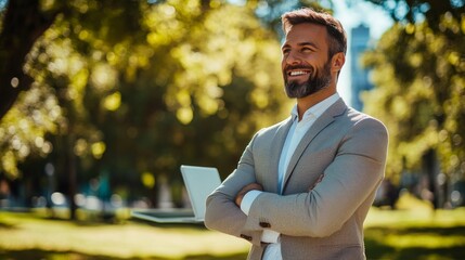 Fototapeta premium A smiling young businessman with folded arms standing on green grass in a white park, looking at a distant laptop under a bright blue sky. Full body shot, Canon R6 Mark II, 35mm lens.