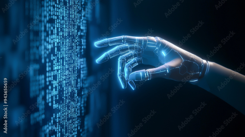 Poster a futuristic robotic hand interacts with a glowing digital interface, symbolizing advanced technolog