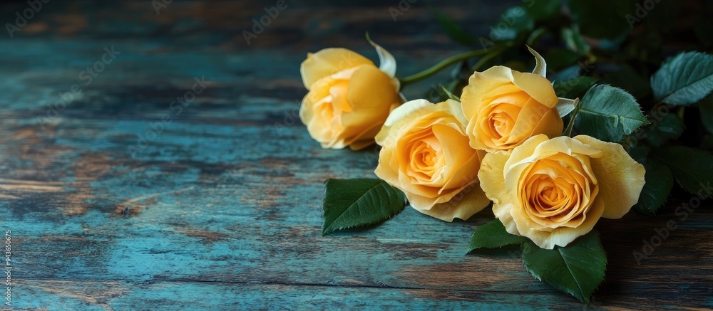 Aufkleber yellow roses on an antique wooden table. with copy space image. place for adding text or design