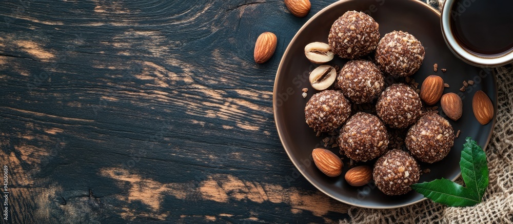 Leinwandbilder nut balls dessert accompanied by coffee on a dark wooden table top view. with copy space image. plac
