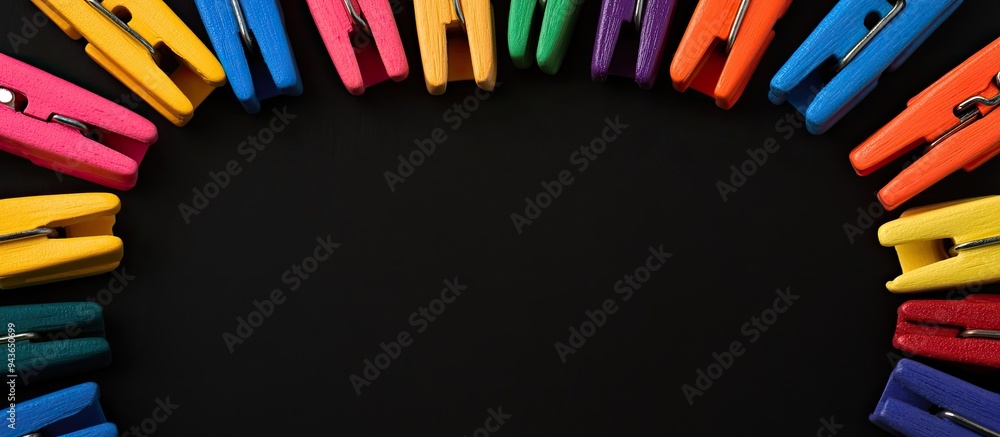 Poster Frame of colorful clothespins Set against a black background Area for text. with copy space image. Place for adding text or design