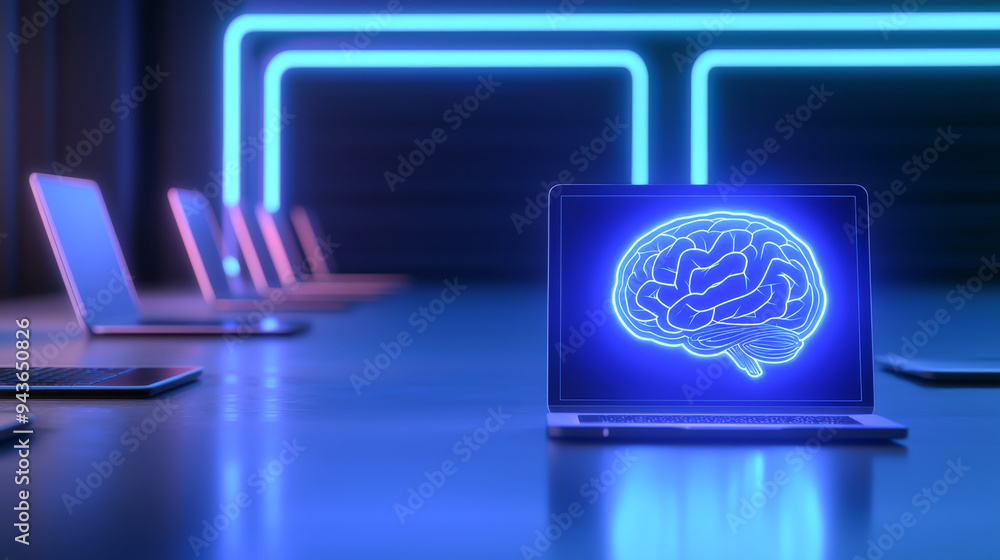 Poster a glowing brain displayed on a laptop screen in a futuristic workspace, symbolizing artificial intel