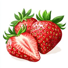 Vibrant Vector Illustration of Ready-to-Eat Strawberries with Ripe Fruit in Bright Colors on White Background