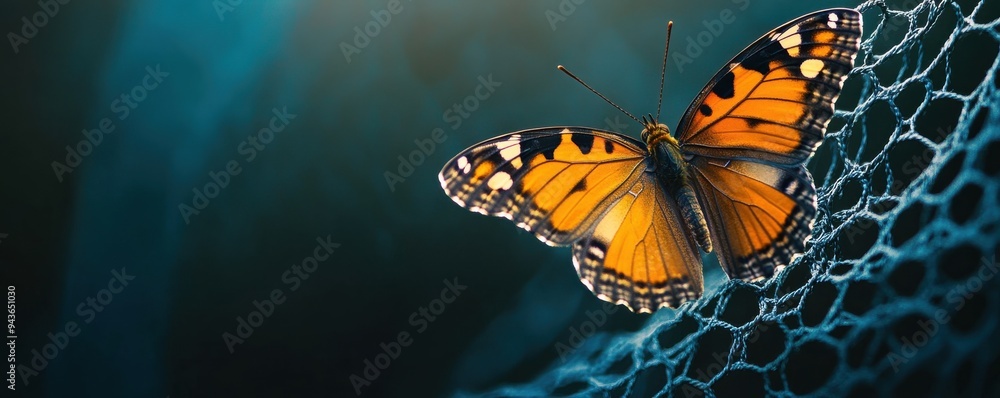 Poster close-up of a butterfly landing on a net with vibrant orange wings against a soft focused background