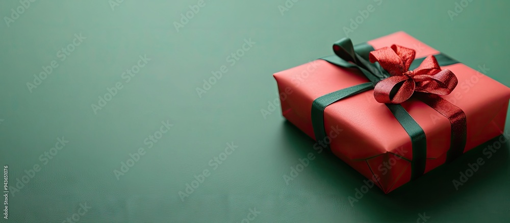 Poster Gift wrapping on a green backdrop. with copy space image. Place for adding text or design