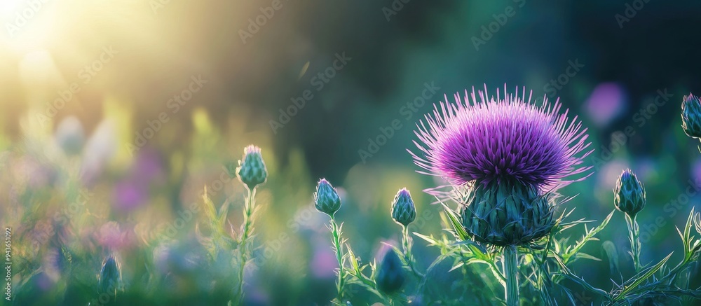 Poster a purple thistle flower encircled by buds blossoms in a green summer meadow. with copy space image. 