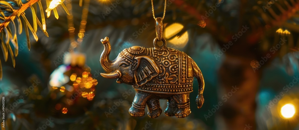 Poster close up of a carved elephant pendant on a lit christmas tree in a living room during the evening. w