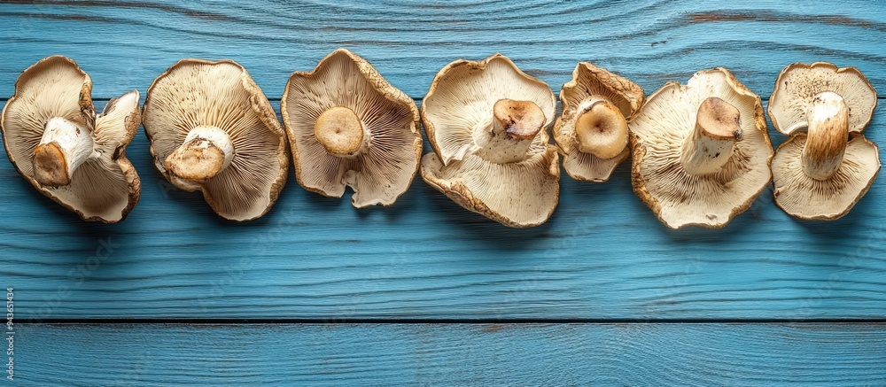 Aufkleber dry mushroom chips arranged in a row on a blue wooden surface. with copy space image. place for addi