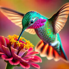 Anna's Hummingbird feeding from a colorful flower, close-up