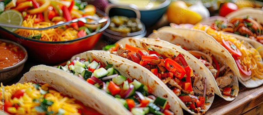 Poster fajitas made with chicken stew red and green peppers red onion pickled cucumber and spices all wrapp