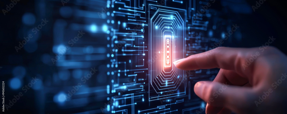 Poster a hand activates a digital interface with glowing circuitry, representing technology and innovation 