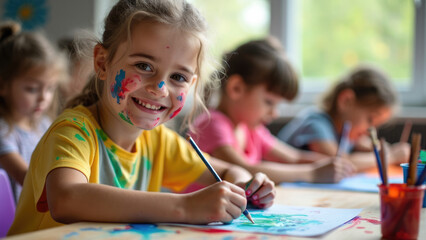 Fototapeta premium A smiling young girl with colorful paint on her face enjoys a creative moment in a classroom filled with other children painting, representing the joy of artistic expression and imagination.
