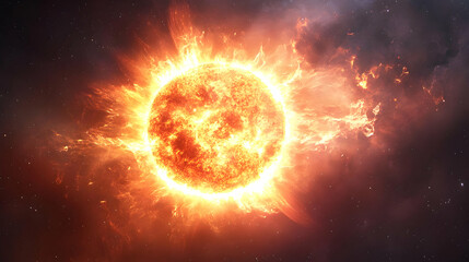 A fiery, glowing sun with a bright corona radiating outward, surrounded by swirling smoke and dust against a dark space background.