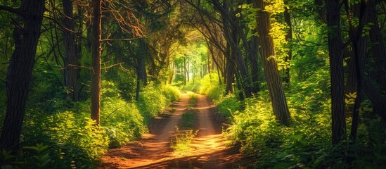Fototapeta premium Pathway in a vibrant green forest with trees forming an arched avenue where sunlight filters through the foliage. with copy space image. Place for adding text or design