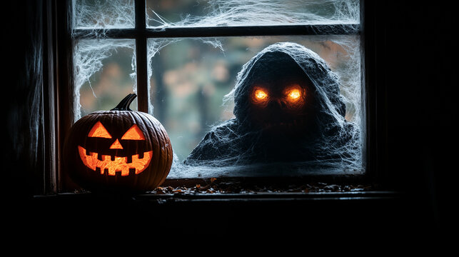 Halloween pumpkins with scary faces in window at night. Happy Halloween concept