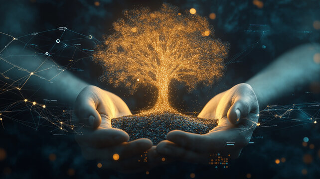 Glowing Tree of Innovation in Hands