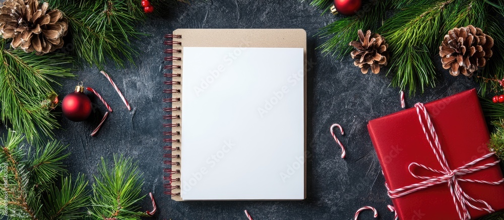 Poster christmas arrangement featuring a blank notebook with space for copy