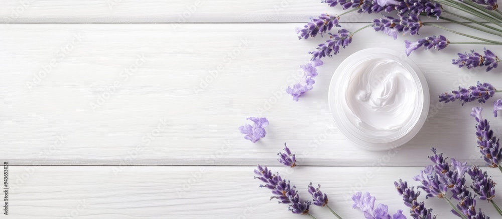 Poster cosmetic cream and lavender on a white wooden table background. with copy space image. Place for adding text or design