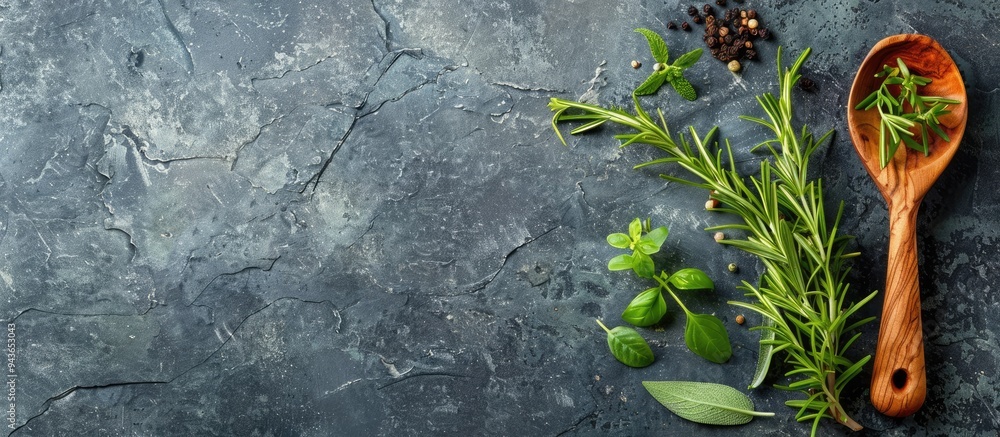 Fototapete herbs and a wooden spoon on a gray slate background. with copy space image. place for adding text or