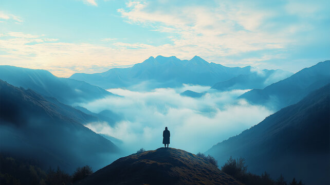 Solitary Figure Overlooking Misty Mountains
