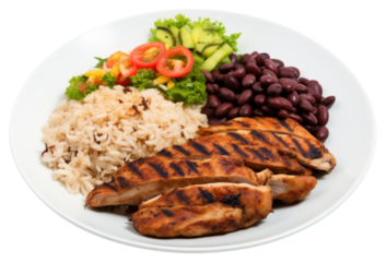 PNG Rice beans grilled chicken steak salad and farofa plate meal food.