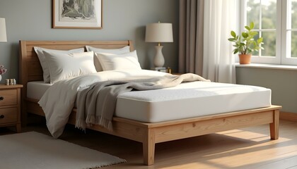 Wooden bed with soft white mattress, blanket and pillows in cozy room interior, Living room, bedroom, luxury bed room, wooden bed room  
