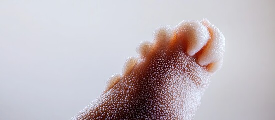 Toenails infected with fungus a close up of a foot against a white background showing nails impacted by a fungal infection or psoriasis and detaching. with copy space image