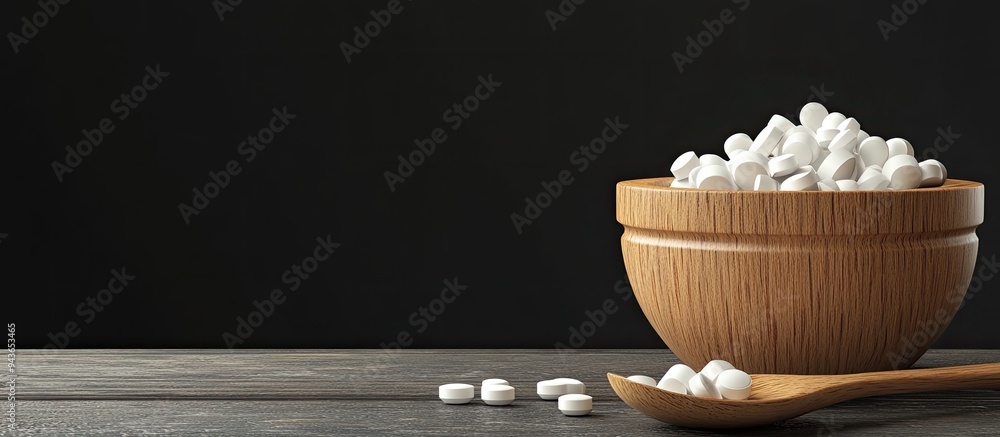Poster medication in wooden container and spoon. with copy space image. Place for adding text or design