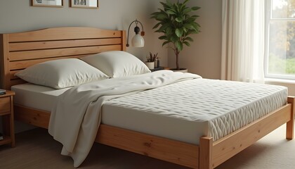 Wooden bed with soft white mattress, blanket and pillows in cozy room interior, Living room, bedroom, luxury bed room, wooden bed room  
