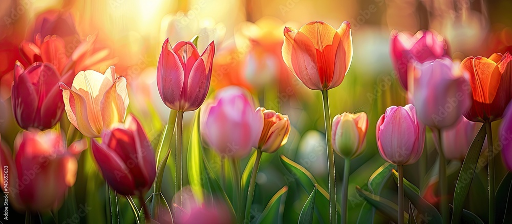 Aufkleber Spring flowers series closeup of lovely tulips in a tulip field with a blurred foreground and background. with copy space image. Place for adding text or design