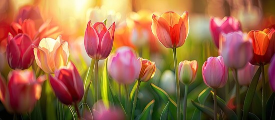 Spring flowers series closeup of lovely tulips in a tulip field with a blurred foreground and background. with copy space image. Place for adding text or design