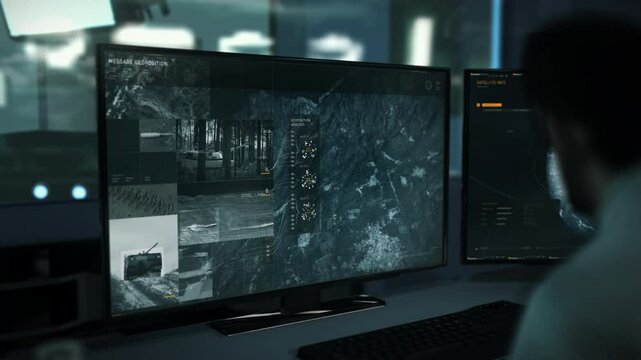 Surveillance scanner is looking for coordinates of the enemy base. Surveillance scanner is investigating the last known coordinates. Surveillance scanner detects aircrafts at coordinates location. UI.