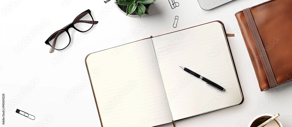 Poster top view of an office desk workspace featuring a blank diary office supplies a laptop eyeglasses and