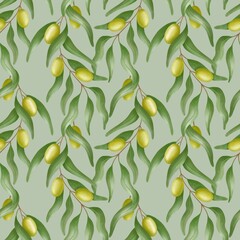 Obraz premium Seamless patterns with watercolor olives. Background with olive branches highlighted on a white background. For fabric, packaging paper, scrapbooking.