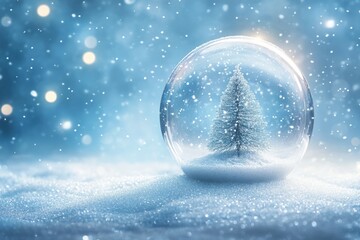 Festive empty glass transparent ball with Christmas tree inside on it. Blue background with white snowflakes and rays of light. Copy space. postcard, design