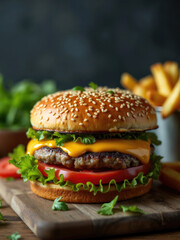 A scrumptious cheeseburger featuring a beef patty, crisp lettuce, ripe tomato slices, and melted American cheese, all encased in a golden sesame seed bun. Tempting and flavorful.