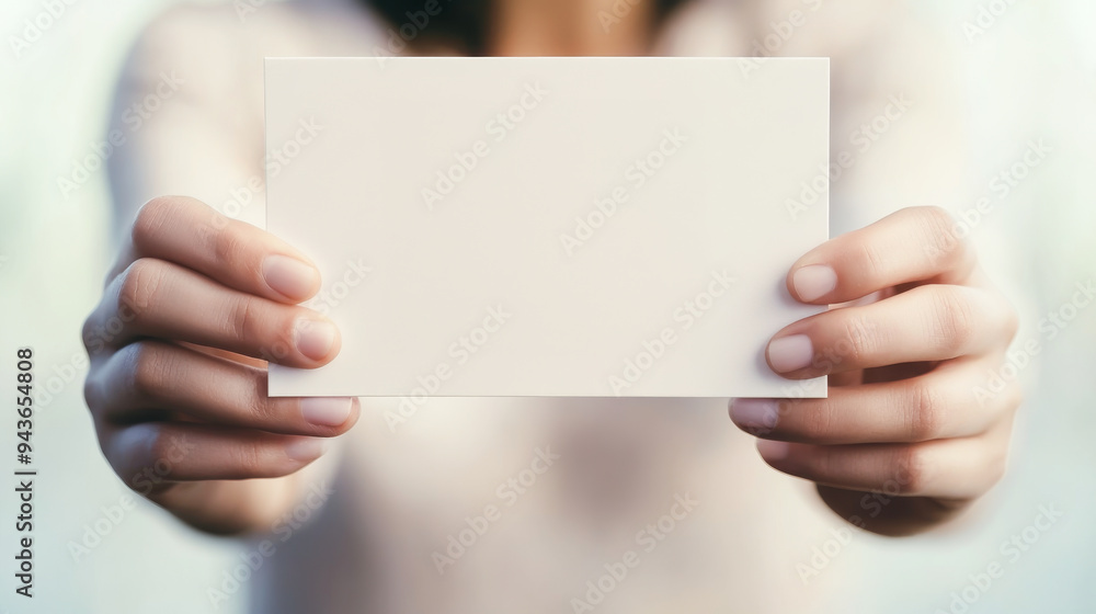 Poster a person holds a blank card with both hands, perfect for adding your own message or design in a mini