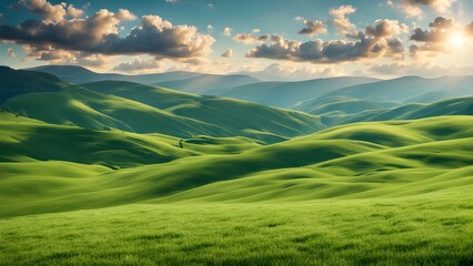 Obraz premium Beautiful countryside grassy field, rolling hills landscape in mountains rural scenery