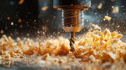 Drill in action, with wood shavings and motion blur, Dynamic, Bright, High Energy