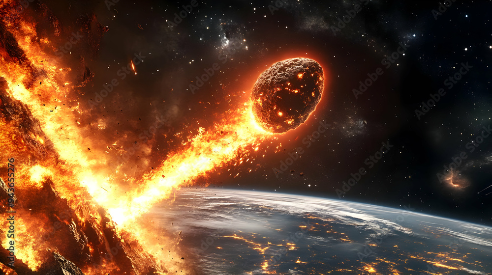 Poster a flaming asteroid hurtles towards a planet in a fiery collision.