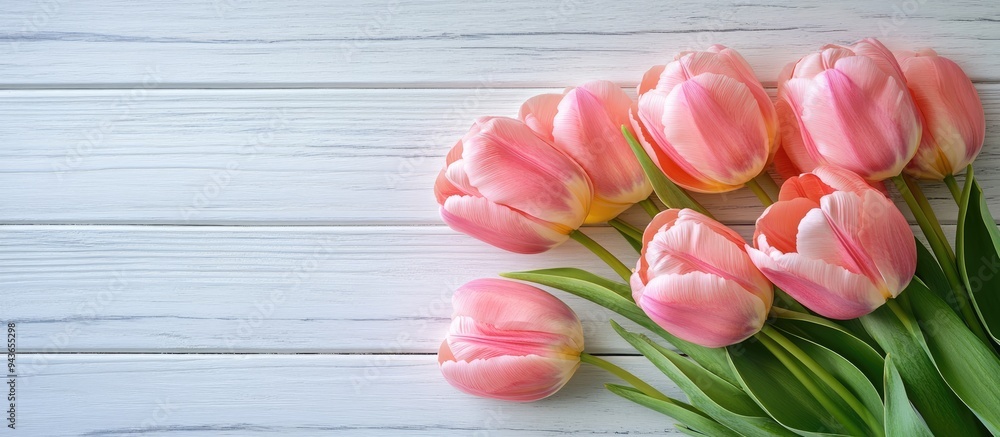 Aufkleber Spring flowers Pink tulip on a white wooden surface. with copy space image. Place for adding text or design