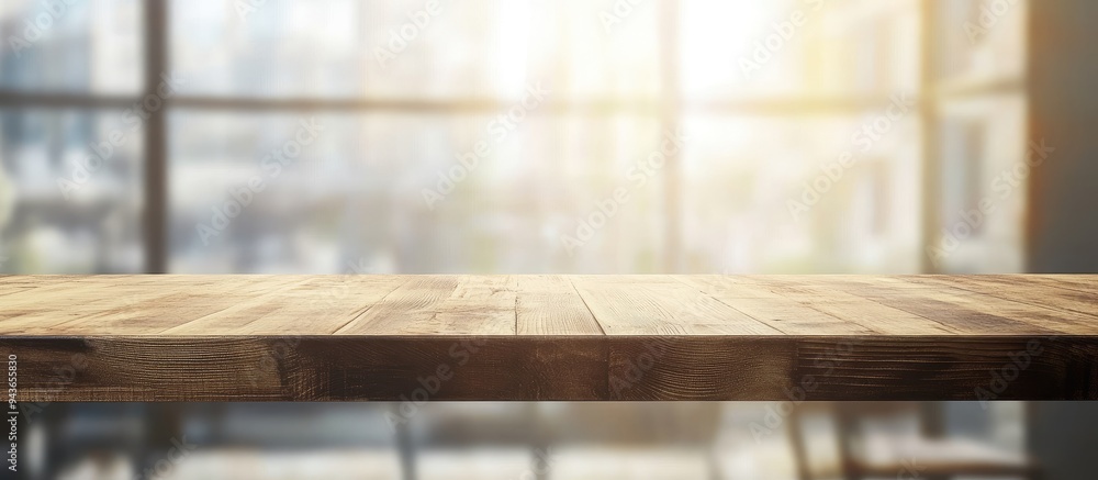 Poster wooden board empty table with a blurred window background can serve for displaying or presenting you
