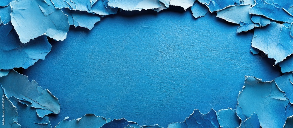 Poster blue abstract background created from ripped pieces of paper paper collage featuring a frame templat