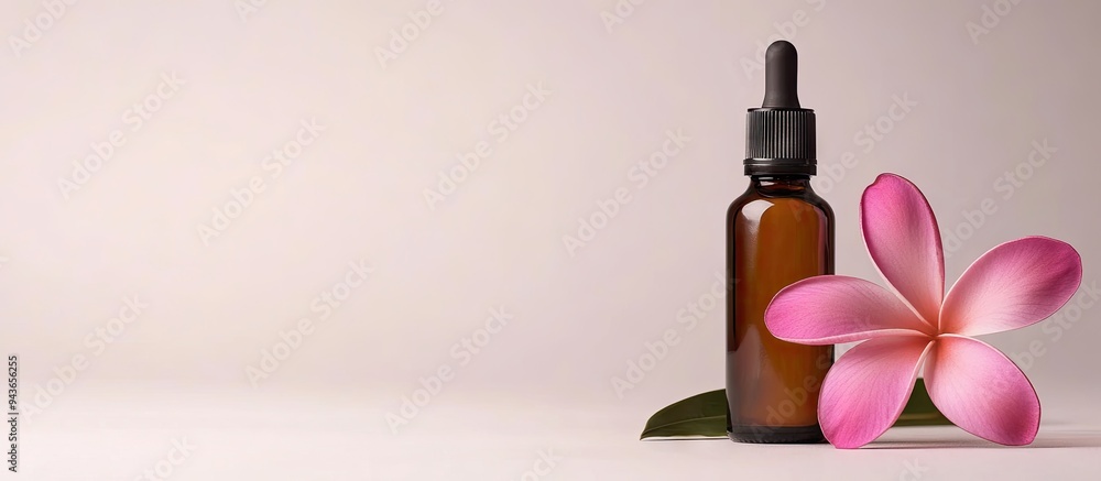 Poster a bottle of essential oils alongside a tropical flower on a white background concept of skin and bod